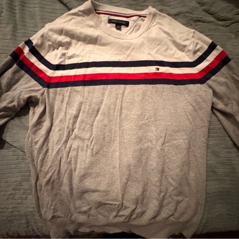 Tommy Hilfiger Men's Crewneck Sweater in Gray with Red and Blue Stripes